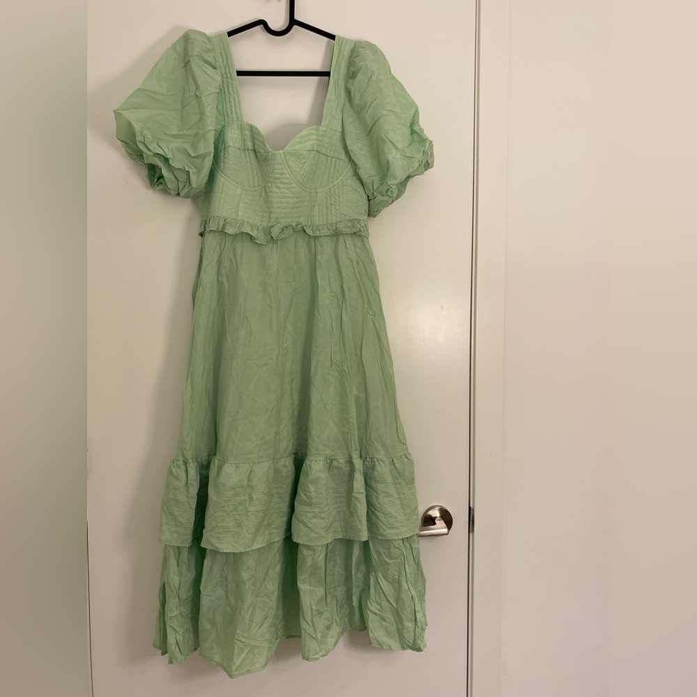 Farm Rio Soft Green Short Sleeve Midi Dress Garden Party Cottage Core - Picture 10 of 13